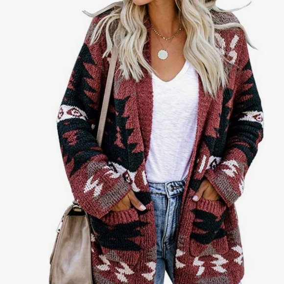 Boho Tribal Aztec Open Front Loose Slouchy Long Sleeve Sweater Cardigan - Picture 3 of 7